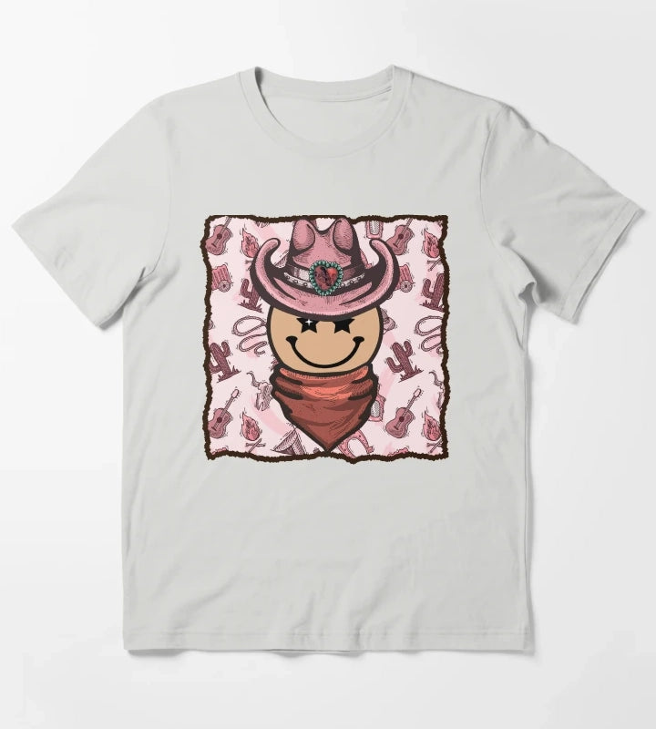 Cowgirl Smiley Face T-Shirt Light Grey