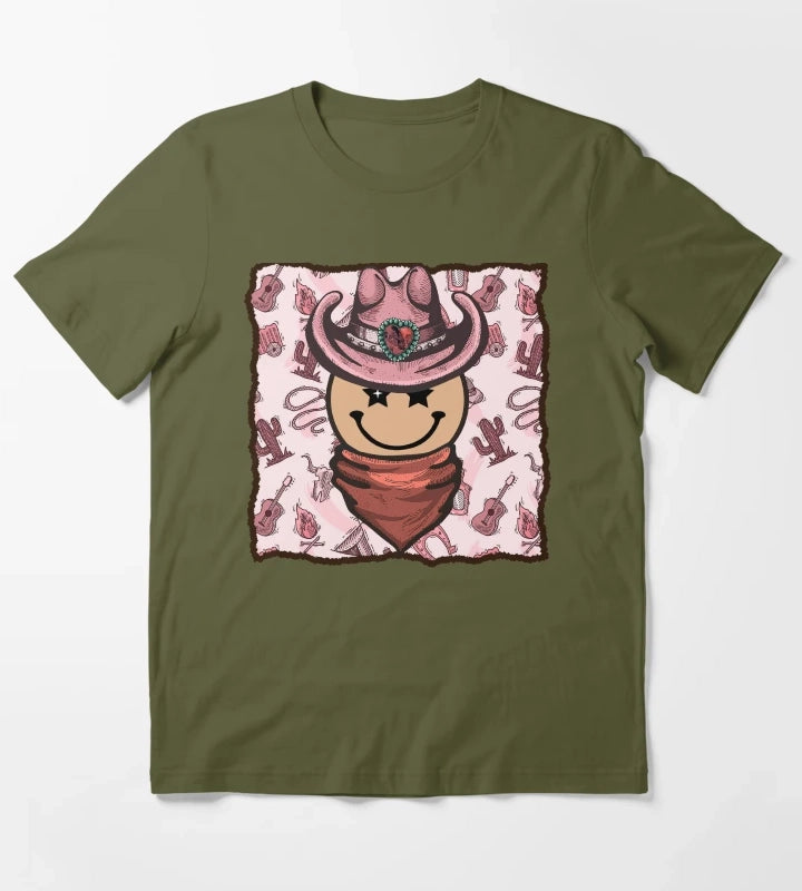 Cowgirl Smiley Face T-Shirt Olive Green