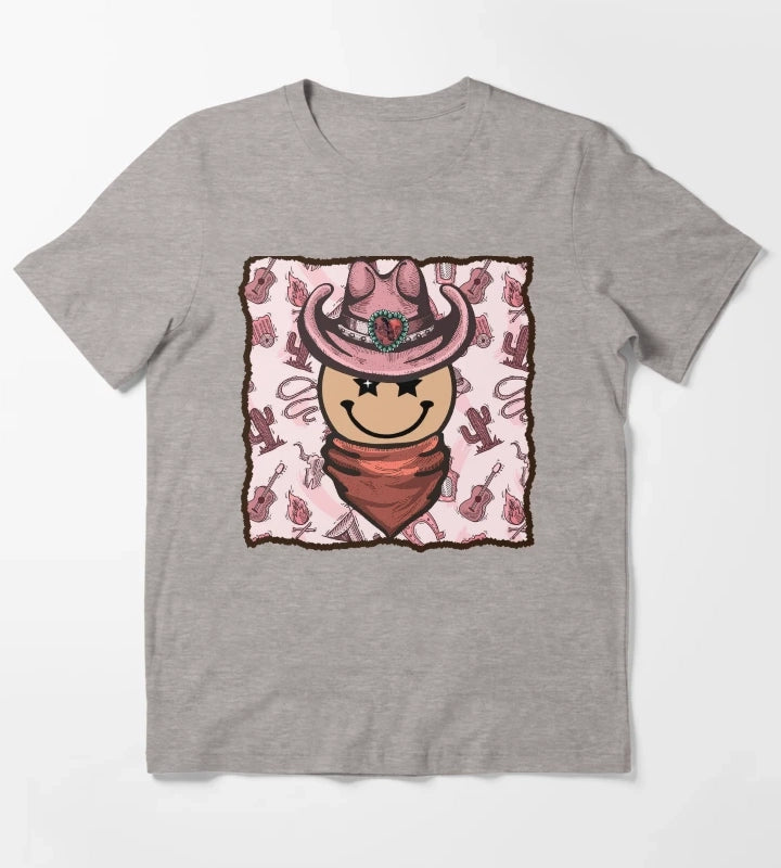 Cowgirl Smiley Face T-Shirt Heather Grey