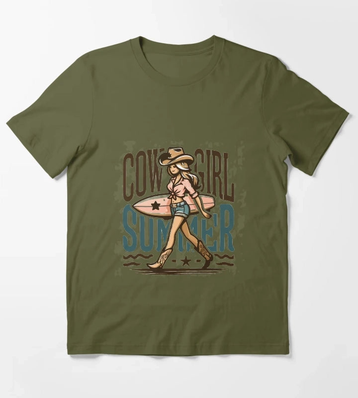 Cowgirl Summer Surfing in Style T-Shirt Olive Green