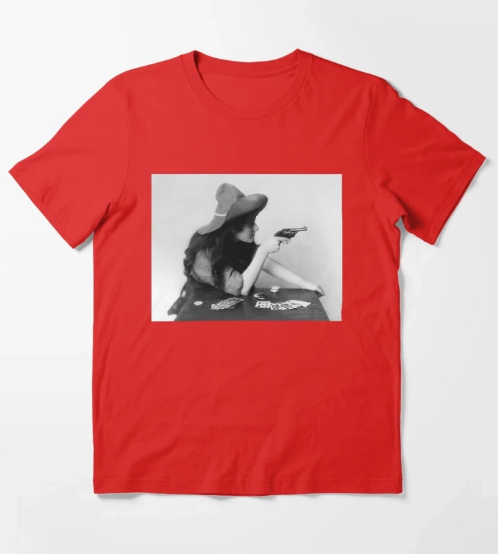 Cowgirl With Gun Vintage Black and White Old Photo T-Shirt Red