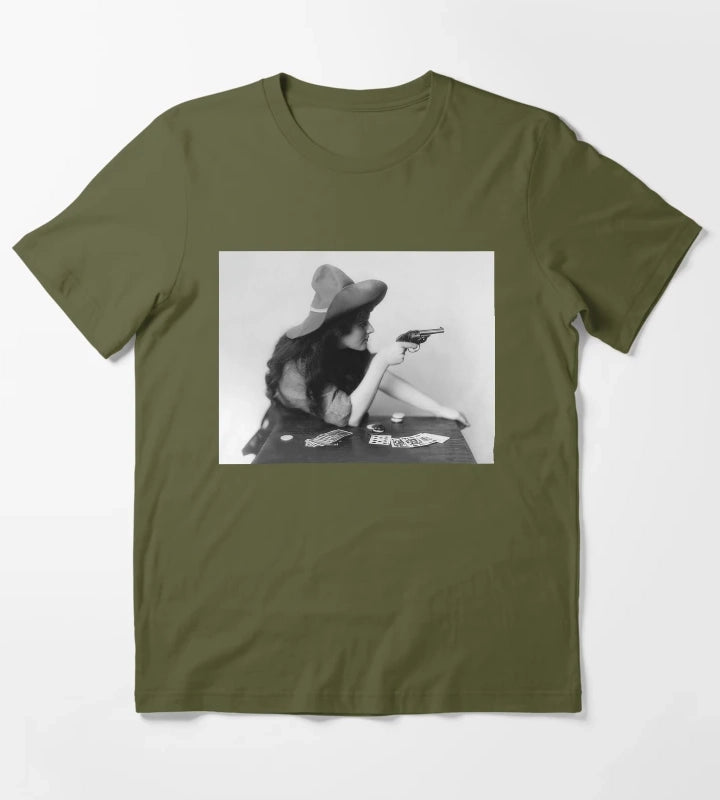 Cowgirl With Gun Vintage Black and White Old Photo T-Shirt Olive Green
