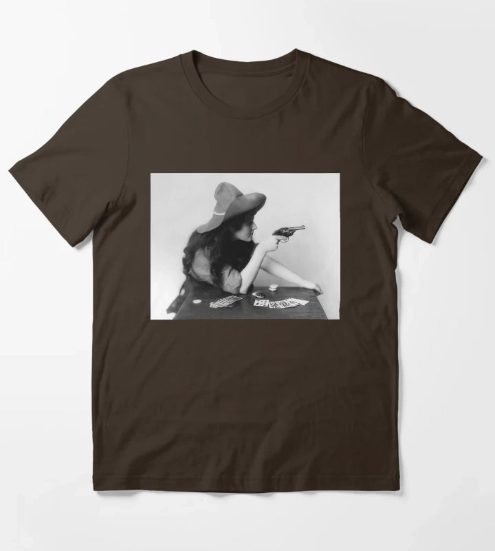 Cowgirl With Gun Vintage Black and White Old Photo T-Shirt Brown
