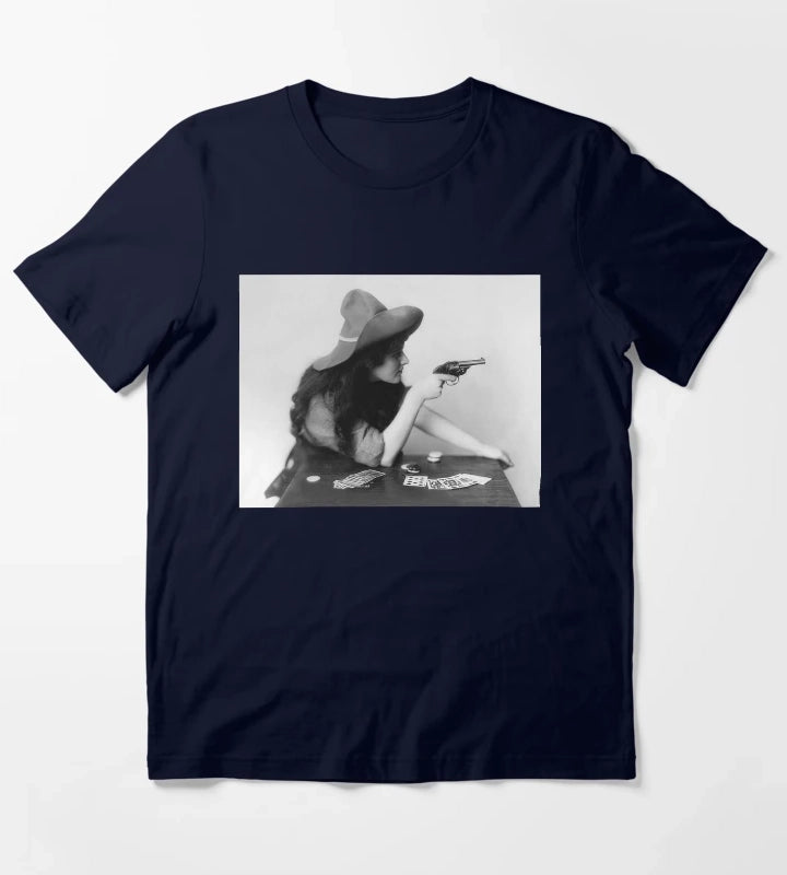 Cowgirl With Gun Vintage Black and White Old Photo T-Shirt Navy