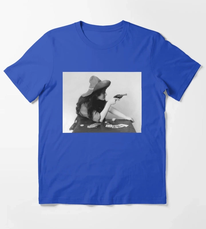 Cowgirl With Gun Vintage Black and White Old Photo T-Shirt Blue