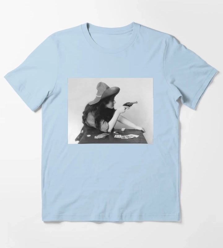 Cowgirl With Gun Vintage Black and White Old Photo T-Shirt Sky Blue