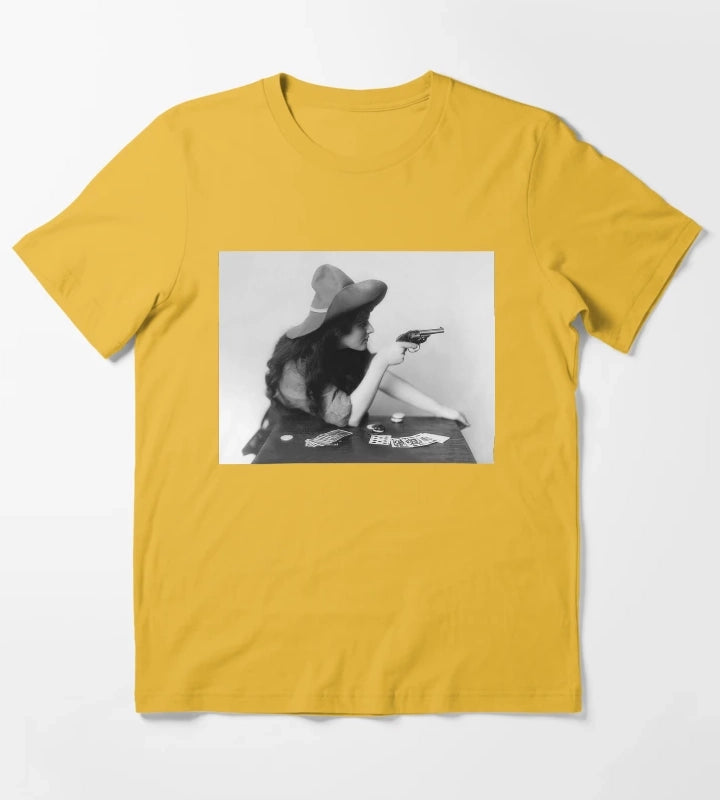 Cowgirl With Gun Vintage Black and White Old Photo T-Shirt Yellow