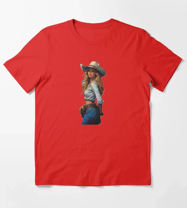 Cowgirl and White Horse Western Woman Art in Red and Blue Splash by NegarTv Designs T-Shirt Red