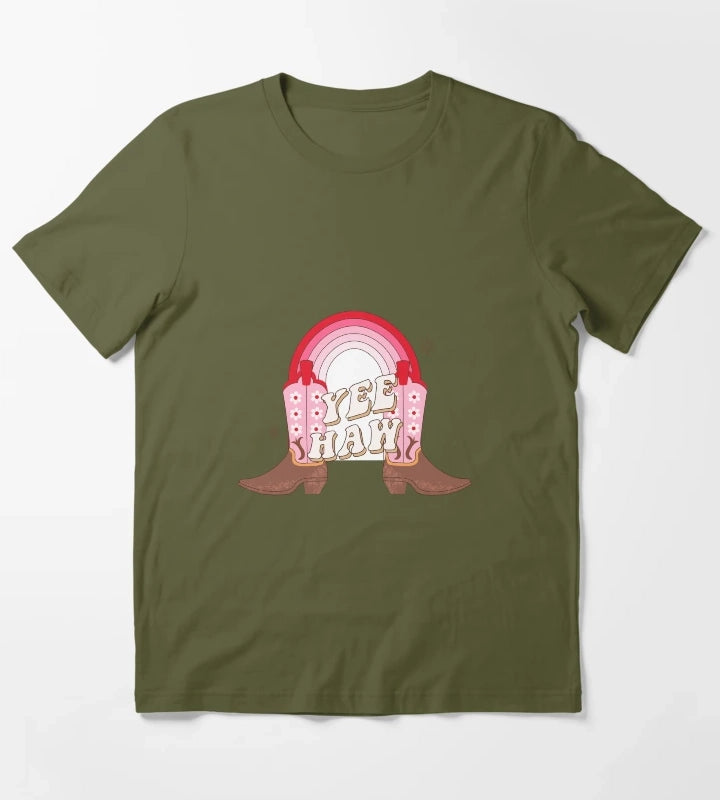 Cowgirl boots with rainbow Yee haw quotes T-Shirt Olive Green
