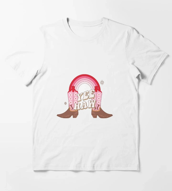 Cowgirl boots with rainbow Yee haw quotes T-Shirt White