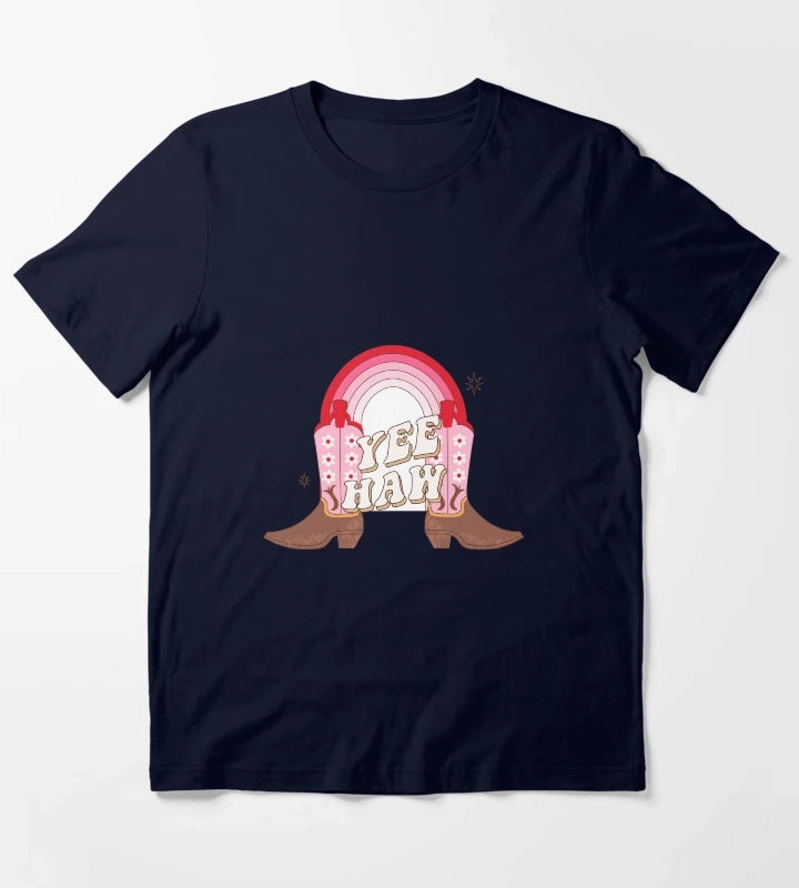 Cowgirl boots with rainbow Yee haw quotes T-Shirt Navy