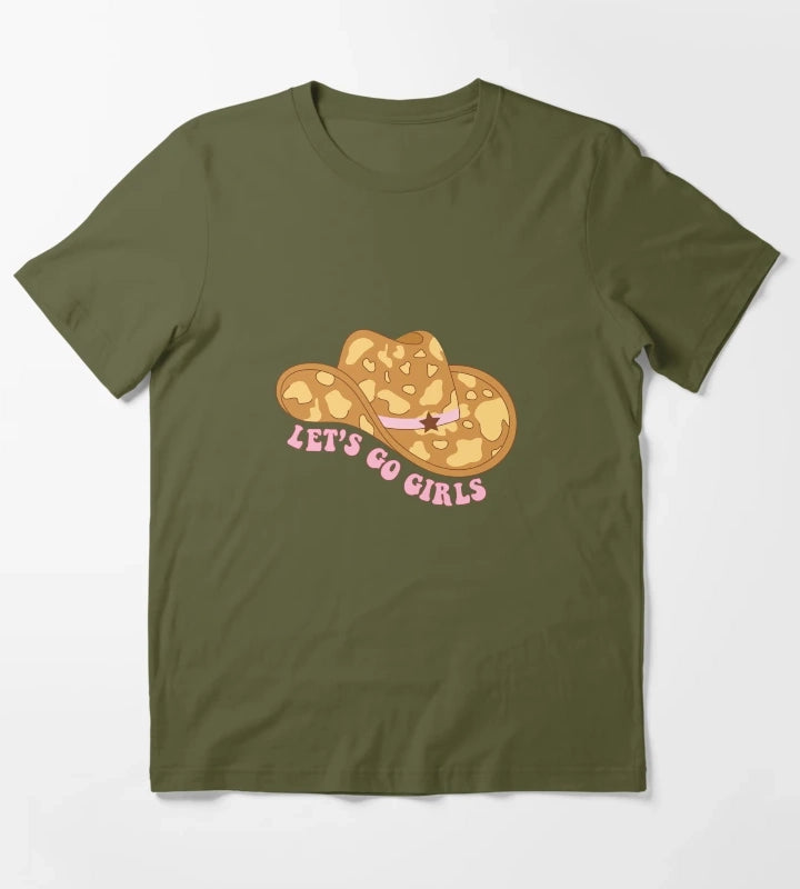 Cowgirl hat with cow print Lets go girls quotes T-Shirt Olive Green