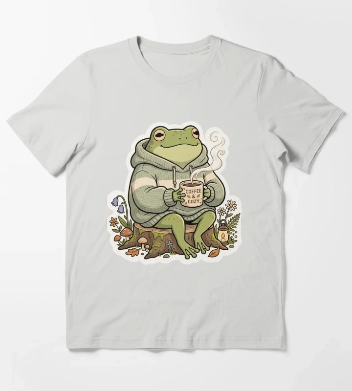 Cozy Coffee Frog in Oversized Hoodie Cute Relaxing Cartoon Aesthetic T-Shirt Light Grey