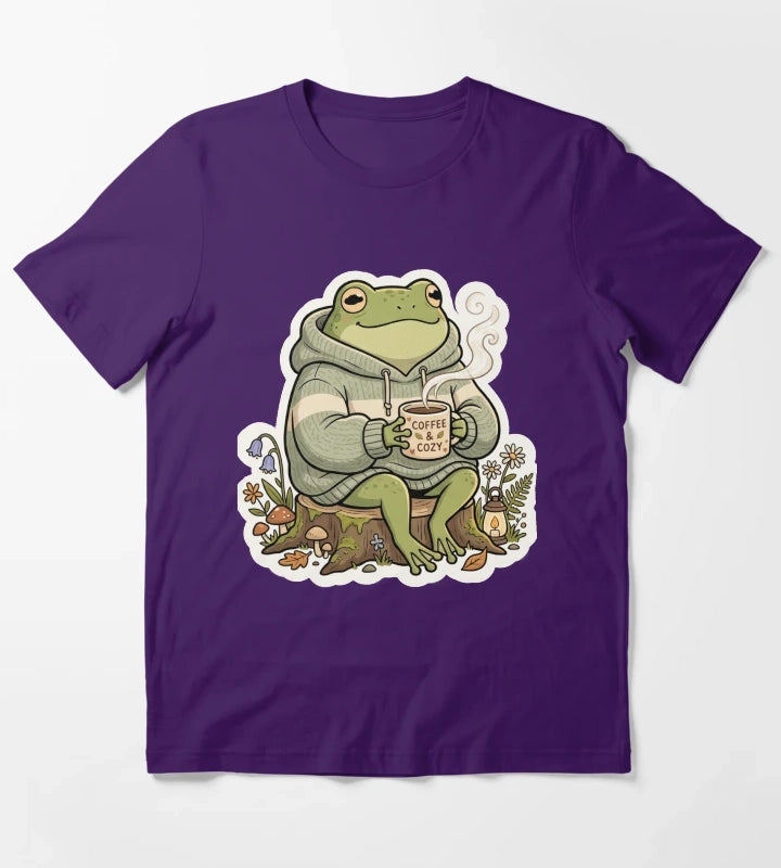 Cozy Coffee Frog in Oversized Hoodie Cute Relaxing Cartoon Aesthetic T-Shirt Purple
