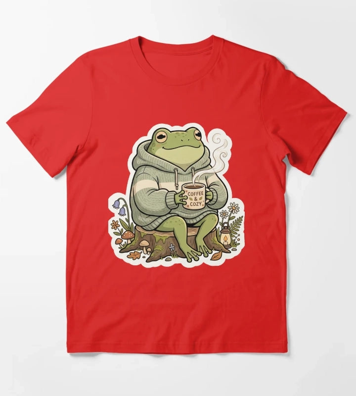 Cozy Coffee Frog in Oversized Hoodie Cute Relaxing Cartoon Aesthetic T-Shirt Red