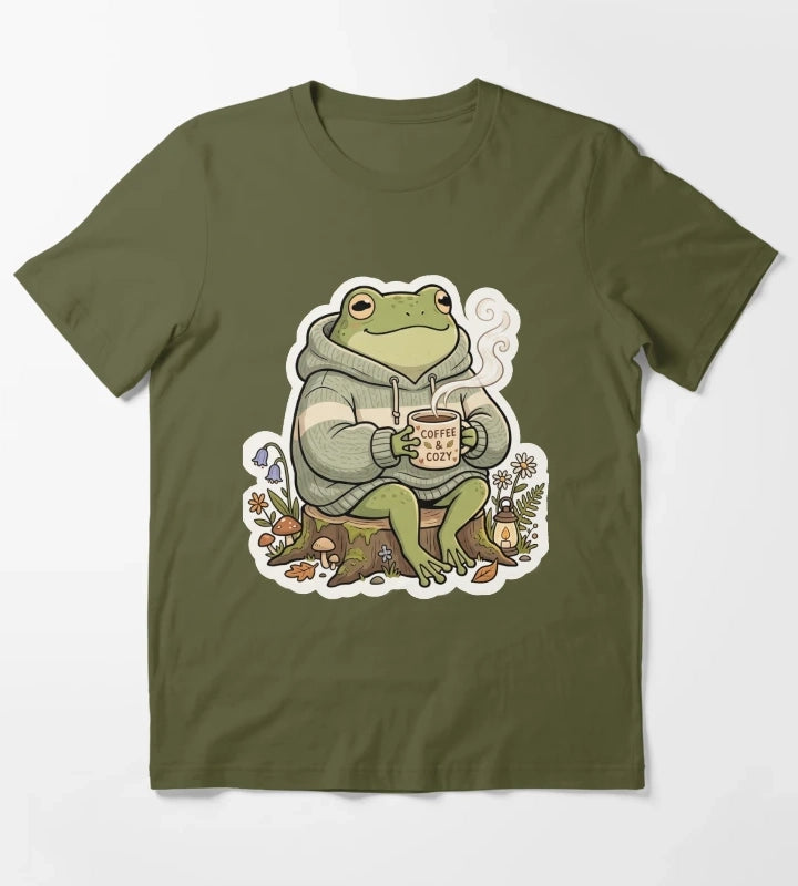 Cozy Coffee Frog in Oversized Hoodie Cute Relaxing Cartoon Aesthetic T-Shirt Olive Green