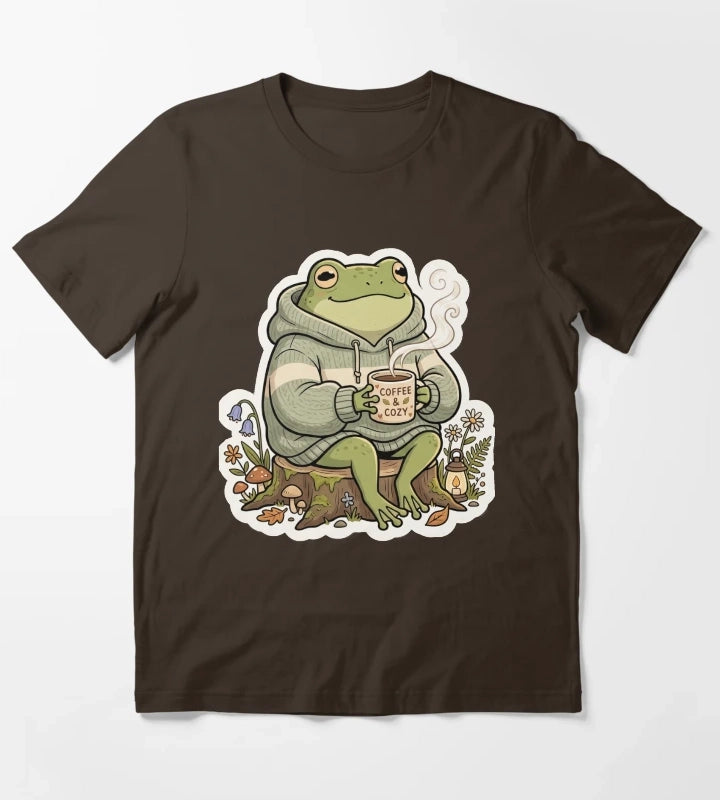 Cozy Coffee Frog in Oversized Hoodie Cute Relaxing Cartoon Aesthetic T-Shirt Brown