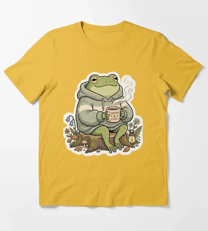Cozy Coffee Frog in Oversized Hoodie Cute Relaxing Cartoon Aesthetic T-Shirt Yellow