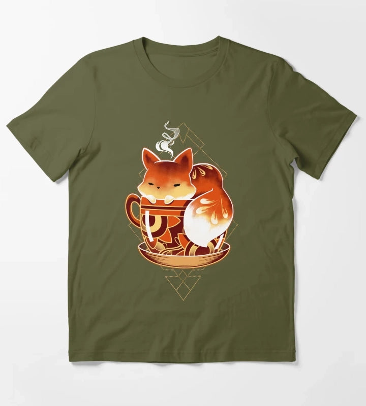 Cup of Fox Cute Coffee Animal T-Shirt Olive Green