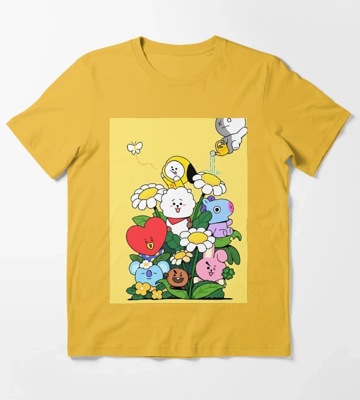 Cute Animal Friends Daisy Garden Kawaii Yellow Spring T-Shirt Yellow