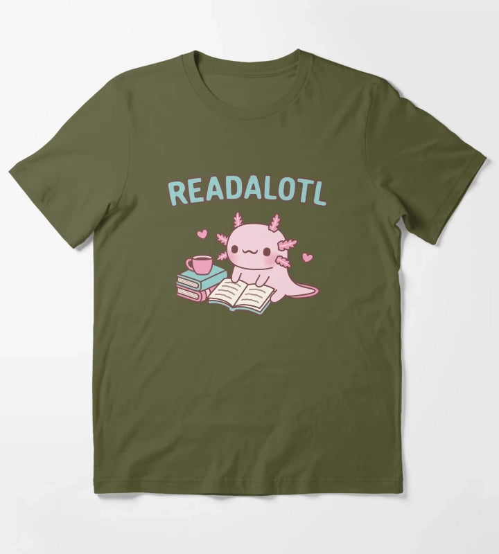 Cute Axolotl Reading A Book Readalotl Funny Pun T-Shirt Olive Green