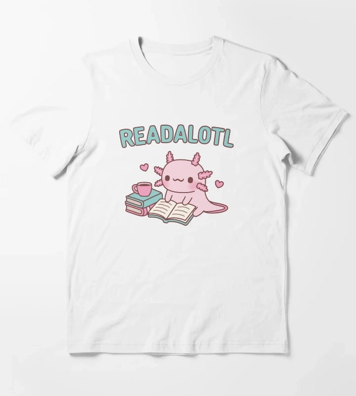 Cute Axolotl Reading A Book Readalotl Funny Pun T-Shirt White