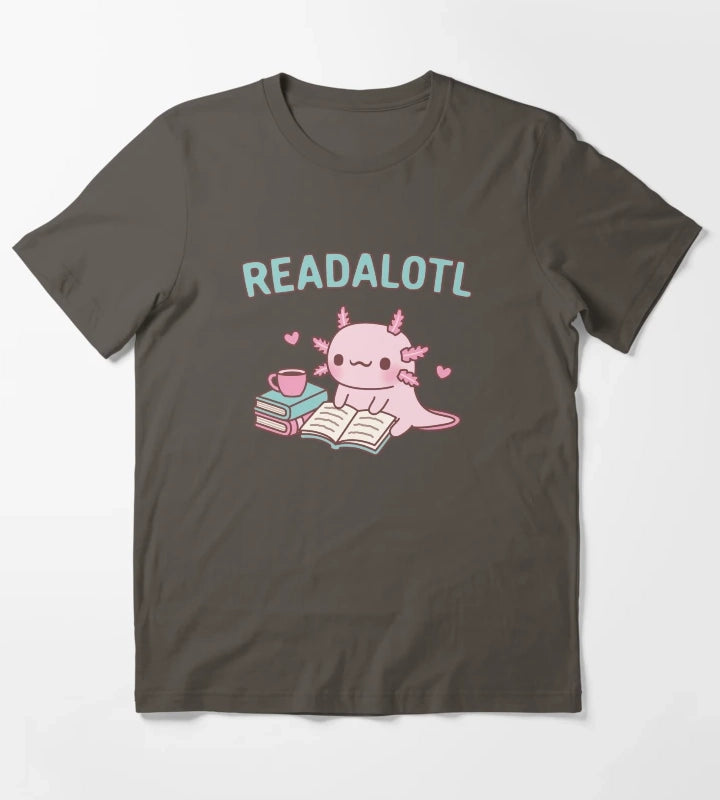Cute Axolotl Reading A Book Readalotl Funny Pun T-Shirt Dark Grey