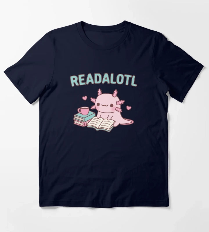 Cute Axolotl Reading A Book Readalotl Funny Pun T-Shirt Navy