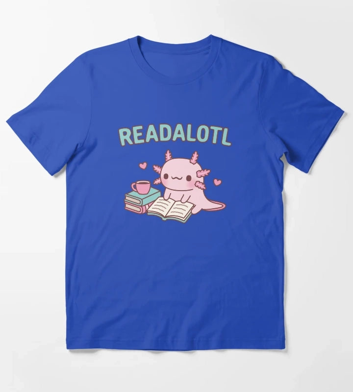 Cute Axolotl Reading A Book Readalotl Funny Pun T-Shirt Blue