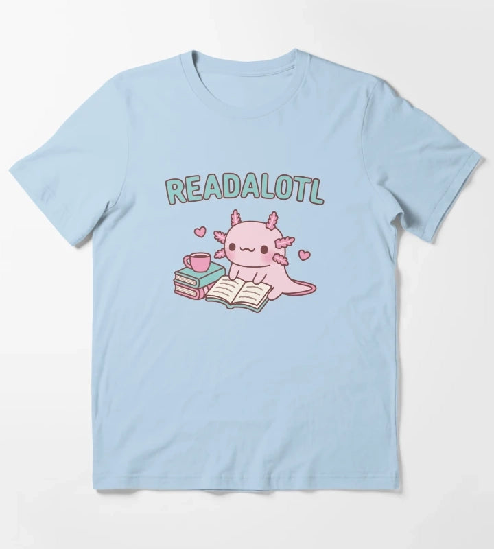 Cute Axolotl Reading A Book Readalotl Funny Pun T-Shirt Sky Blue