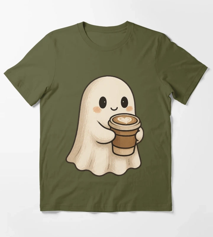 Cute Coffee Ghost Spooky Cozy Latte Friend T-Shirt Olive Green