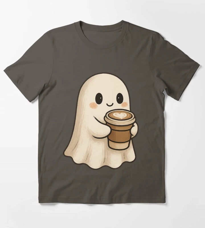 Cute Coffee Ghost Spooky Cozy Latte Friend T-Shirt Dark Grey