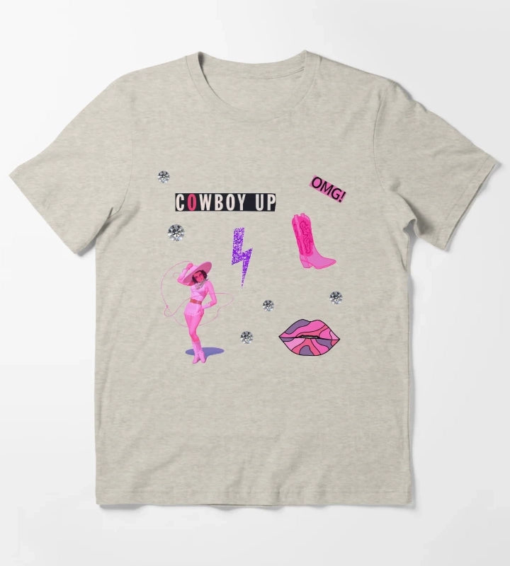 Cute Cowgirl Aesthetic Pink Cowboy Up Sticker Pack T-Shirt Cream