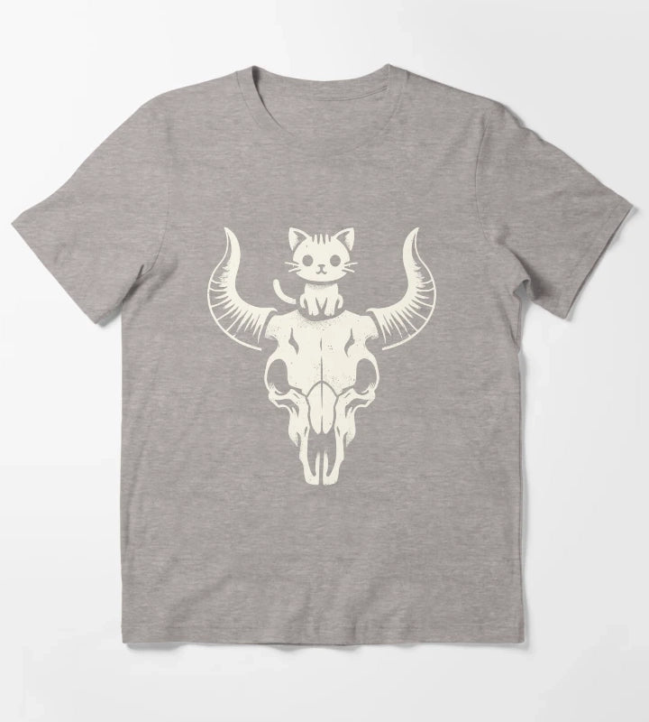 Cute Cowgirl Country Western Cottagecore Cat on a Skull T-Shirt Heather Grey