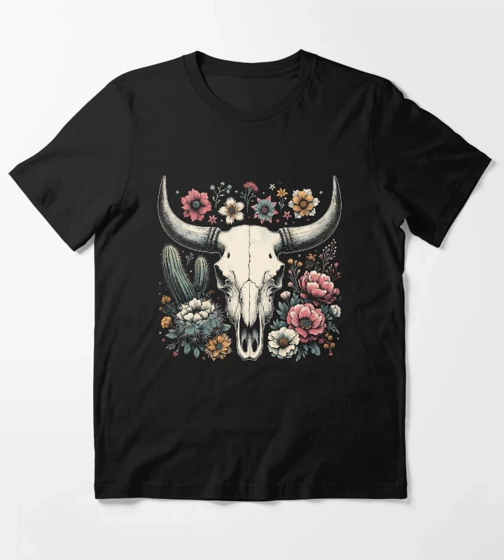 Cute Cowgirl Country Western Cottagecore Floral Skull T-Shirt