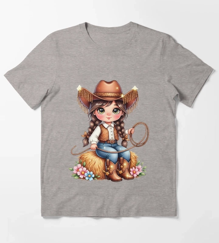 Cute Cowgirl PNG Sparkly Glitter Western Girl Design T-Shirt Heather Grey