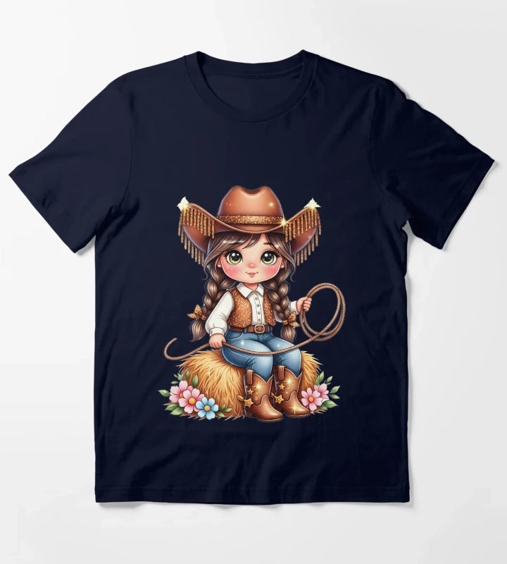Cute Cowgirl PNG Sparkly Glitter Western Girl Design T-Shirt Navy