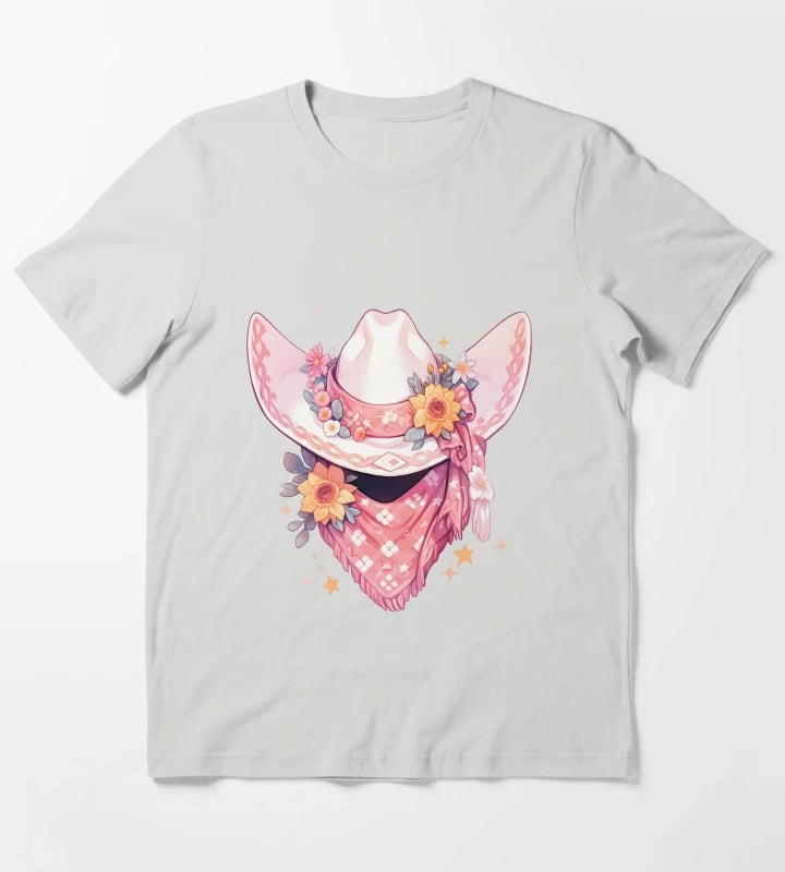 Cute Kawaii Hot Pink Cowgirl Hat and Bandana T-Shirt Light Grey