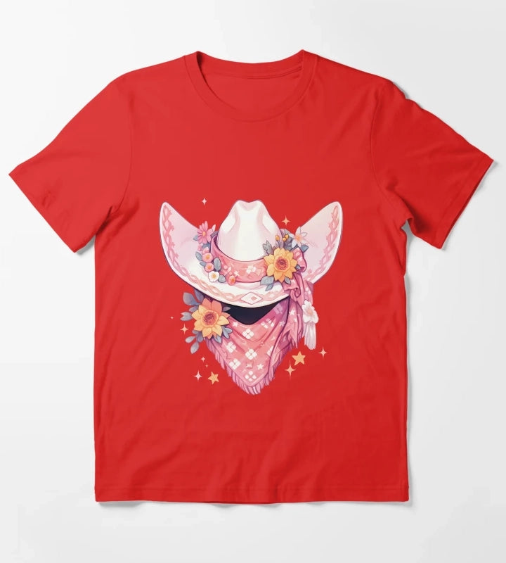 Cute Kawaii Hot Pink Cowgirl Hat and Bandana T-Shirt Red
