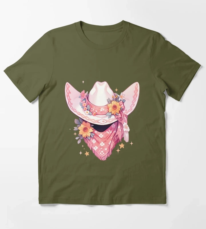Cute Kawaii Hot Pink Cowgirl Hat and Bandana T-Shirt Olive Green