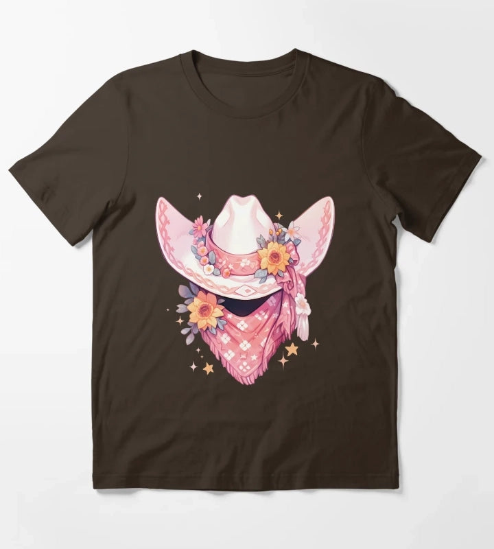 Cute Kawaii Hot Pink Cowgirl Hat and Bandana T-Shirt Brown