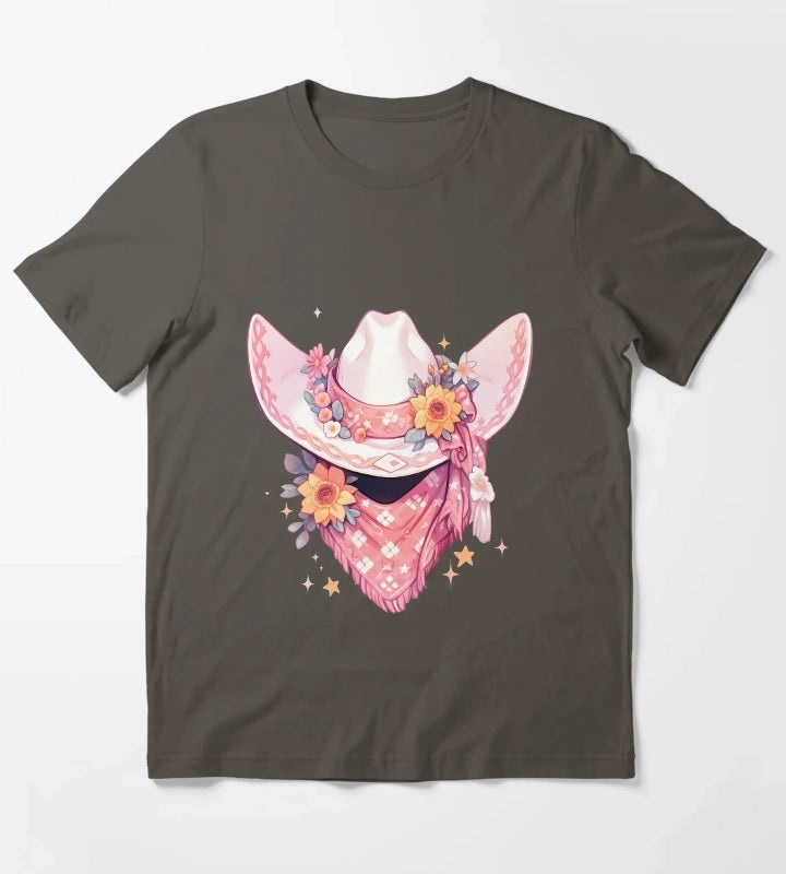 Cute Kawaii Hot Pink Cowgirl Hat and Bandana T-Shirt Dark Grey