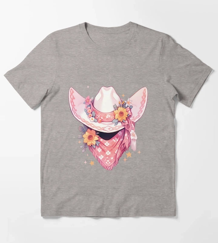 Cute Kawaii Hot Pink Cowgirl Hat and Bandana T-Shirt Heather Grey