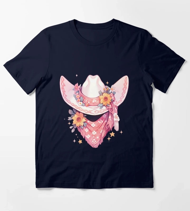 Cute Kawaii Hot Pink Cowgirl Hat and Bandana T-Shirt Navy