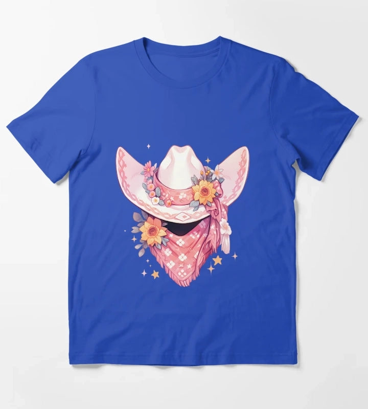 Cute Kawaii Hot Pink Cowgirl Hat and Bandana T-Shirt Blue