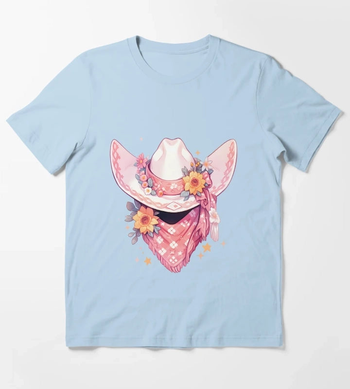 Cute Kawaii Hot Pink Cowgirl Hat and Bandana T-Shirt Sky Blue