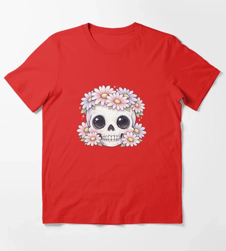 Cute Kawaii Skull Daisy Flower Crown Pastel Gothic Design T-Shirt Red