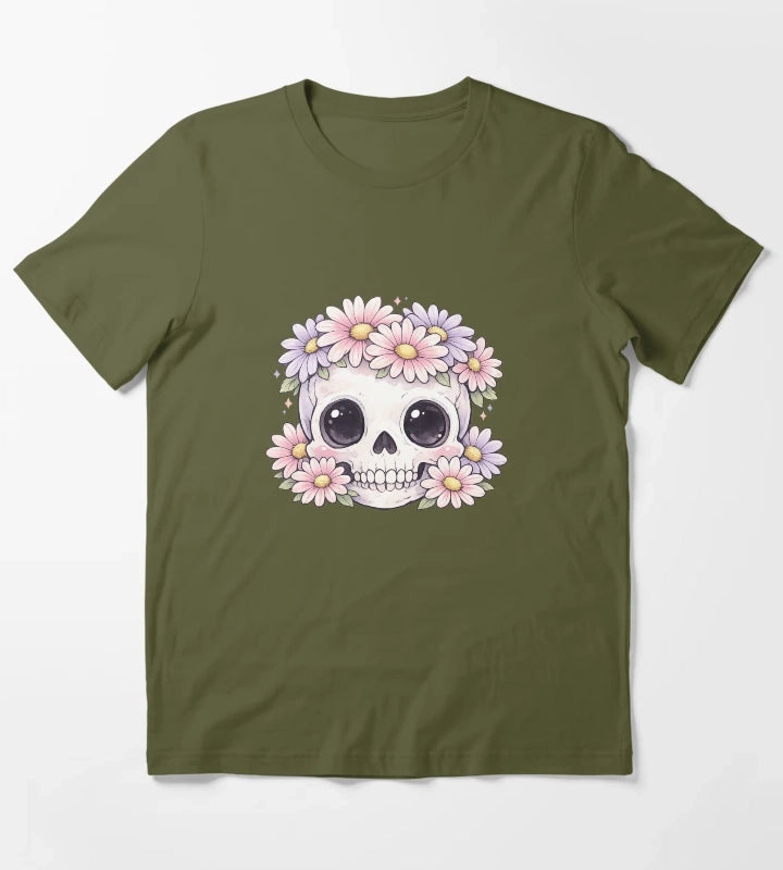 Cute Kawaii Skull Daisy Flower Crown Pastel Gothic Design T-Shirt Olive Green