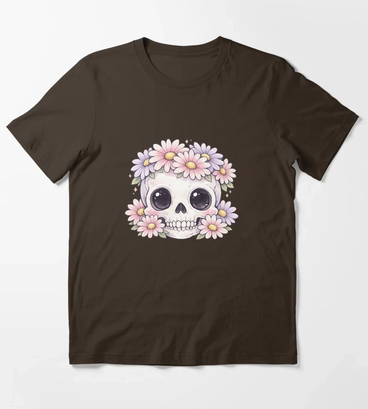 Cute Kawaii Skull Daisy Flower Crown Pastel Gothic Design T-Shirt Brown
