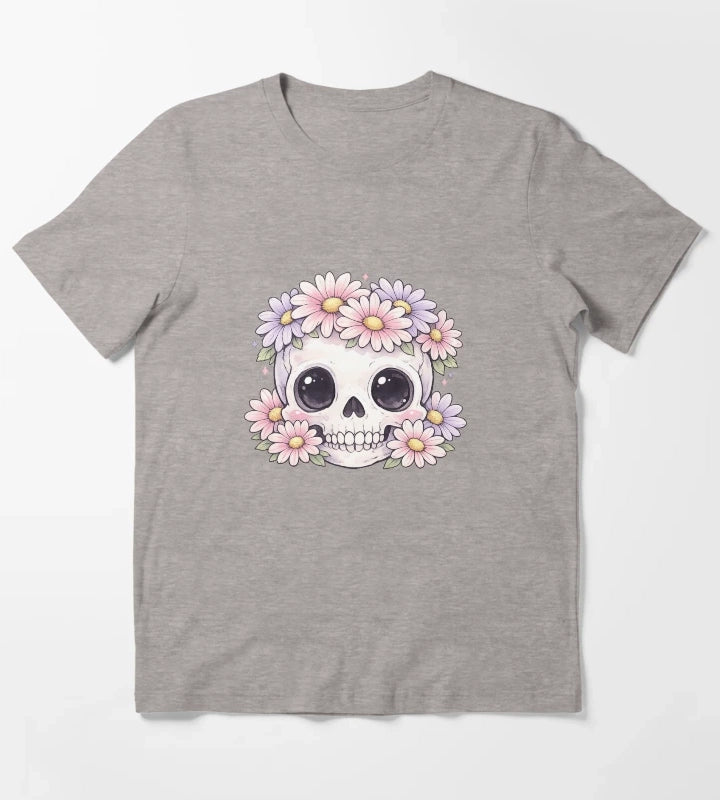Cute Kawaii Skull Daisy Flower Crown Pastel Gothic Design T-Shirt Heather Grey